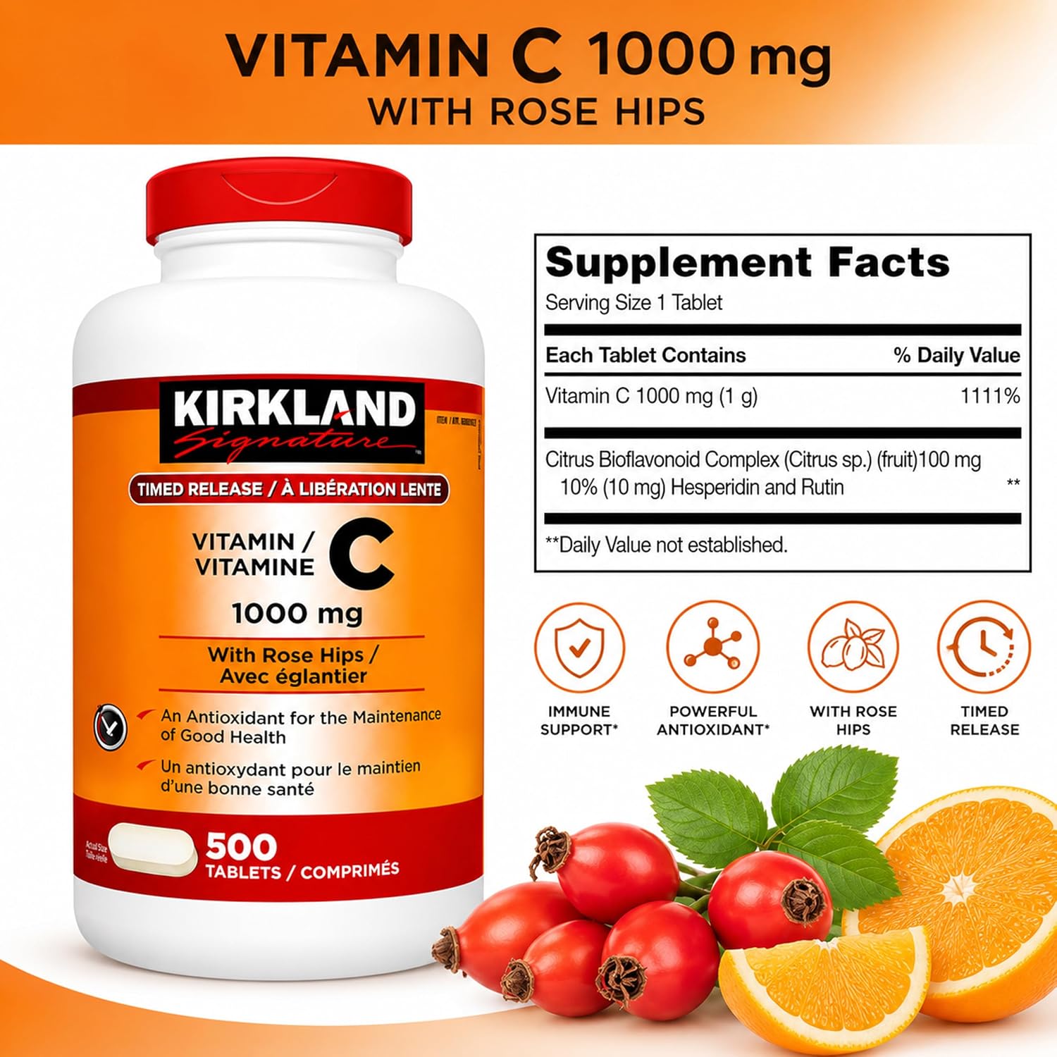 KIRKLAND، مکمل ویتامین C، 1000 میلی‌گرم، 500 قرص