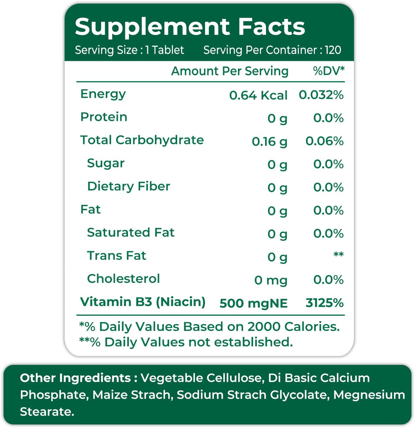 Oladole Natural، مکمل ویتامین B3، 120 قرص