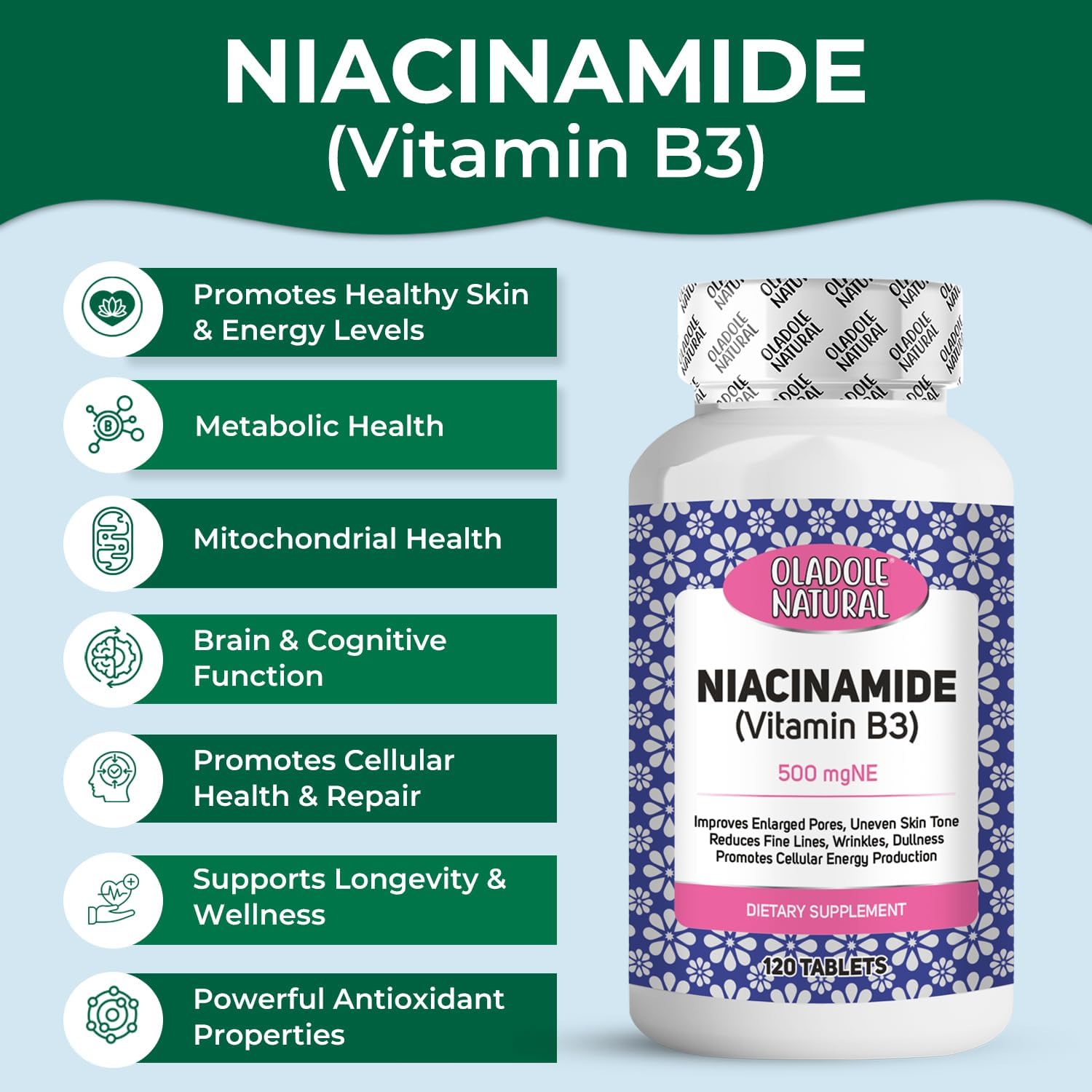 Oladole Natural، مکمل ویتامین B3، 120 قرص