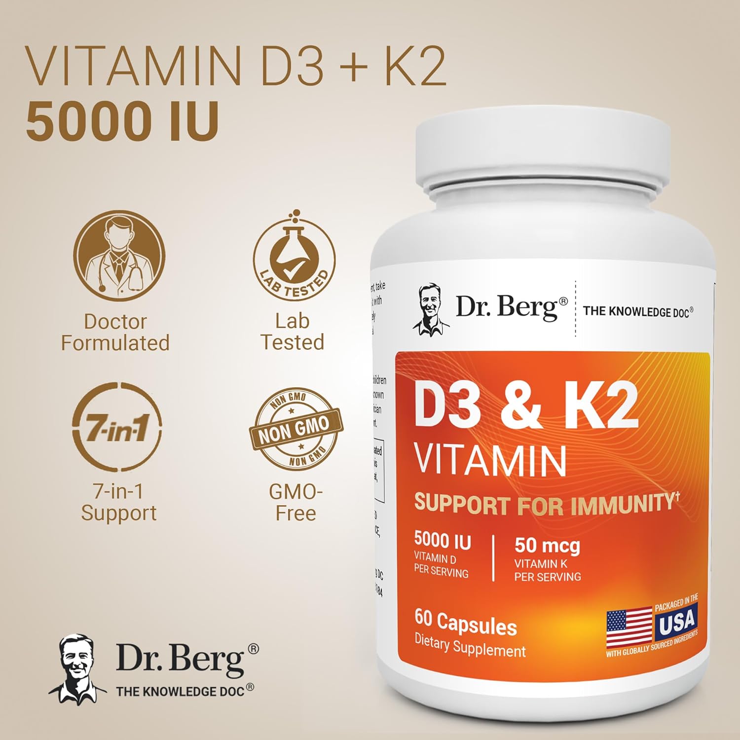 Dr. Berg Nutritionals، مکمل ویتامین D3 و K2، مدل D3 K2، 5000 IU، 60 کپسول
