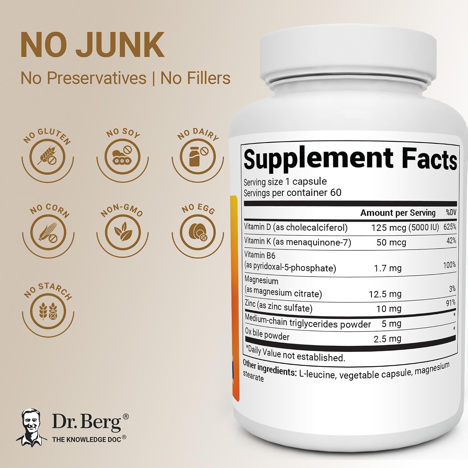 Dr. Berg Nutritionals، مکمل ویتامین D3 و K2، مدل D3 K2، 5000 IU، 60 کپسول