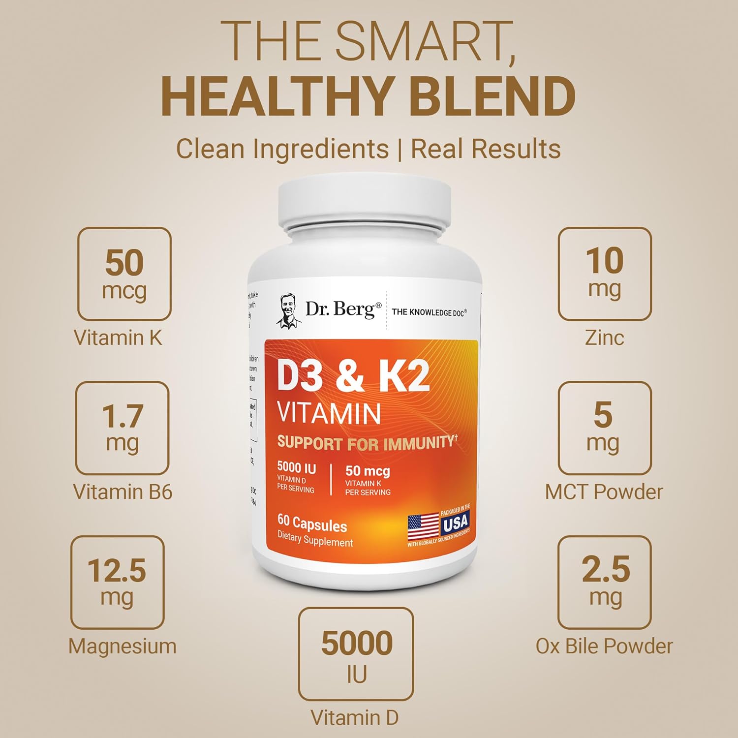 Dr. Berg Nutritionals، مکمل ویتامین D3 و K2، مدل D3 K2، 5000 IU، 60 کپسول