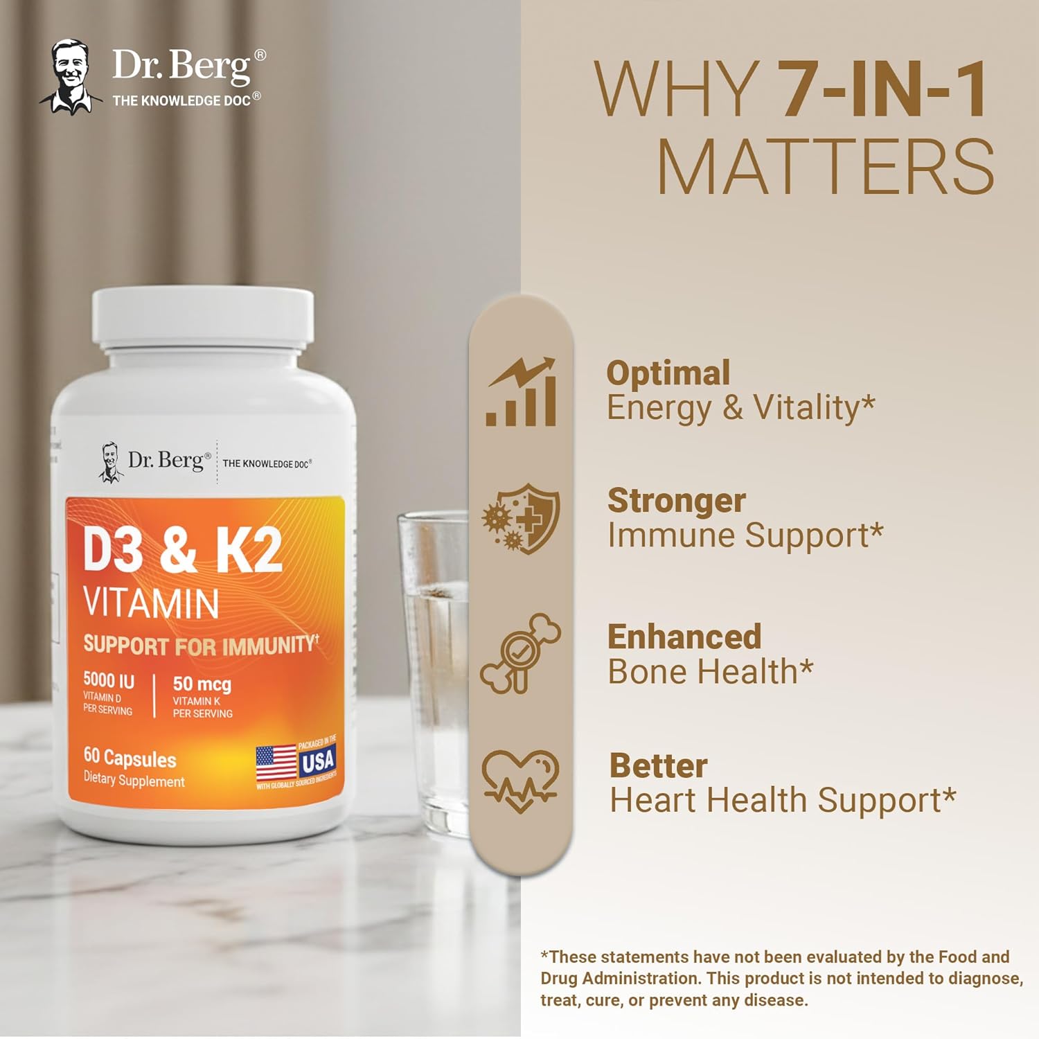 Dr. Berg Nutritionals، مکمل ویتامین D3 و K2، مدل D3 K2، 5000 IU، 60 کپسول