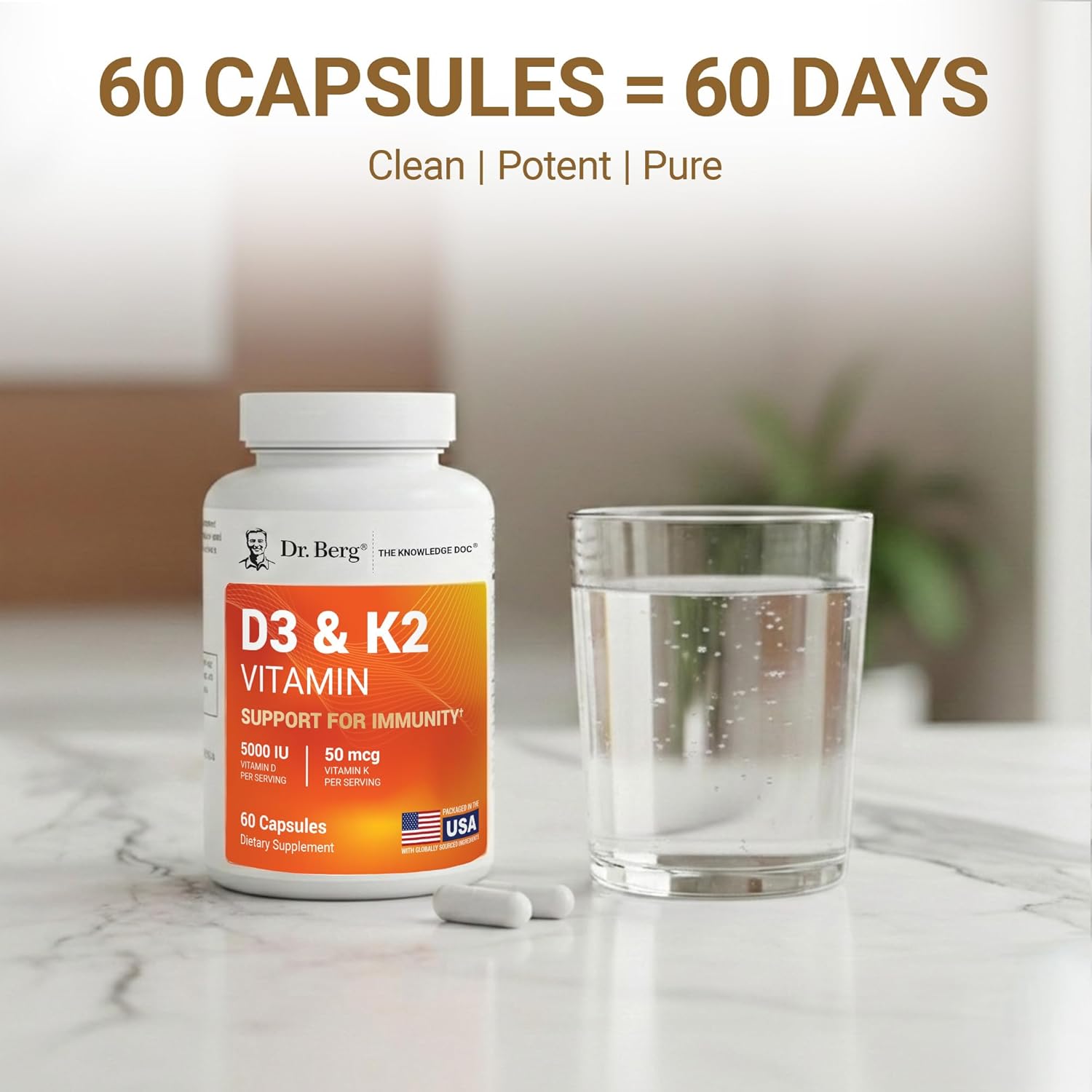 Dr. Berg Nutritionals، مکمل ویتامین D3 و K2، مدل D3 K2، 5000 IU، 60 کپسول