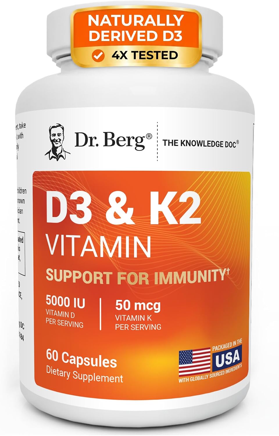 Dr. Berg Nutritionals، مکمل ویتامین D3 و K2، مدل D3 K2، 5000 IU، 60 کپسول