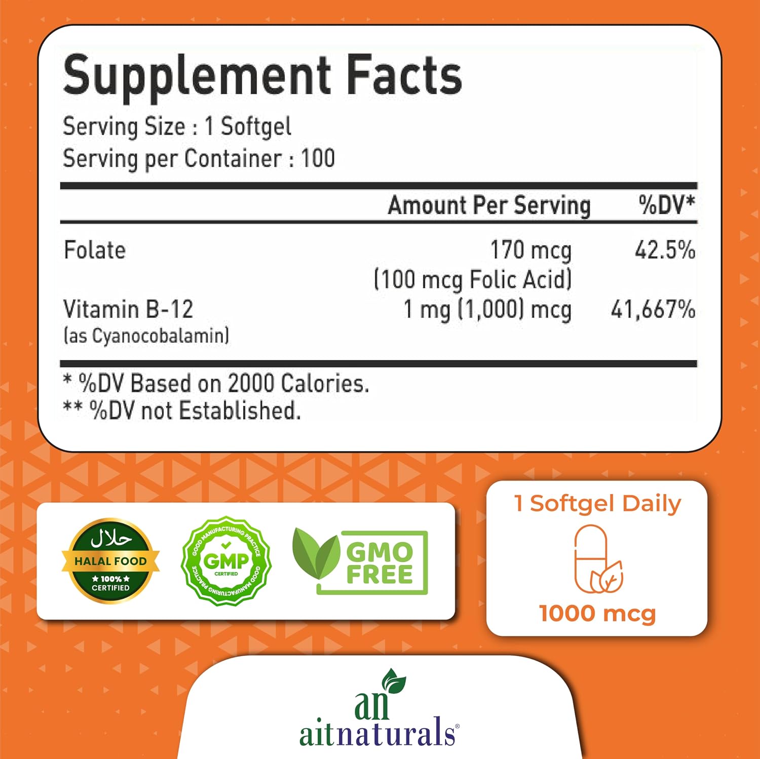 Aitnaturals، مکمل ویتامین B12، 1000 میکروگرم، 100 سافت‌ژل