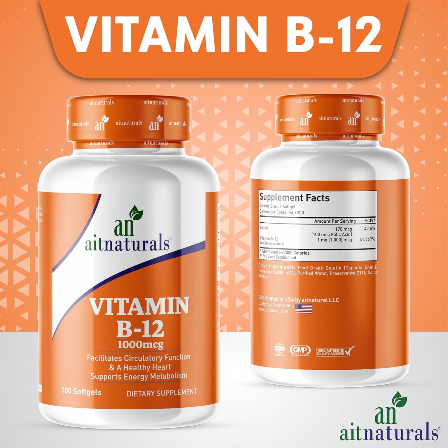 Aitnaturals، مکمل ویتامین B12، 1000 میکروگرم، 100 سافت‌ژل
