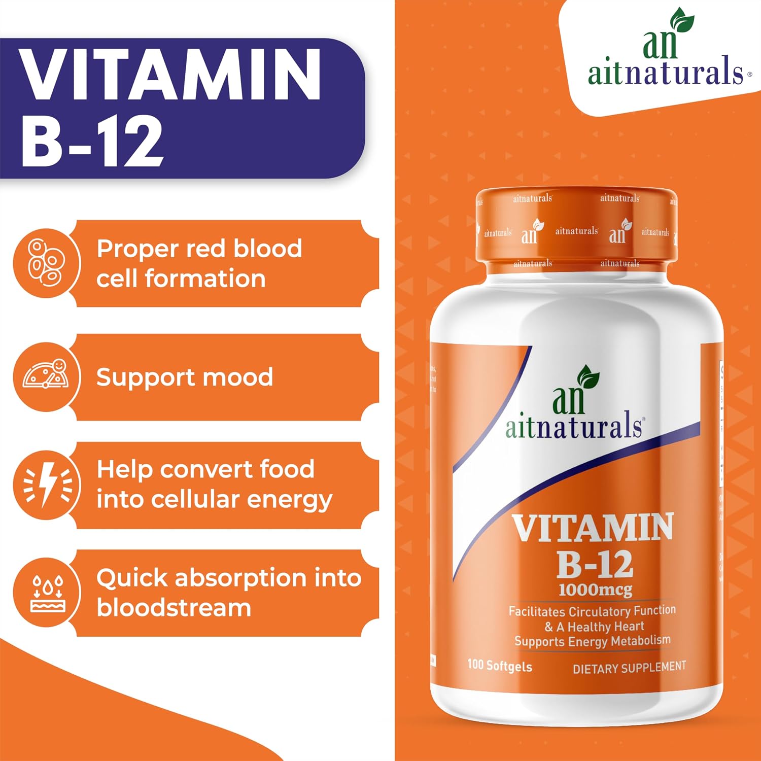 Aitnaturals، مکمل ویتامین B12، 1000 میکروگرم، 100 سافت‌ژل