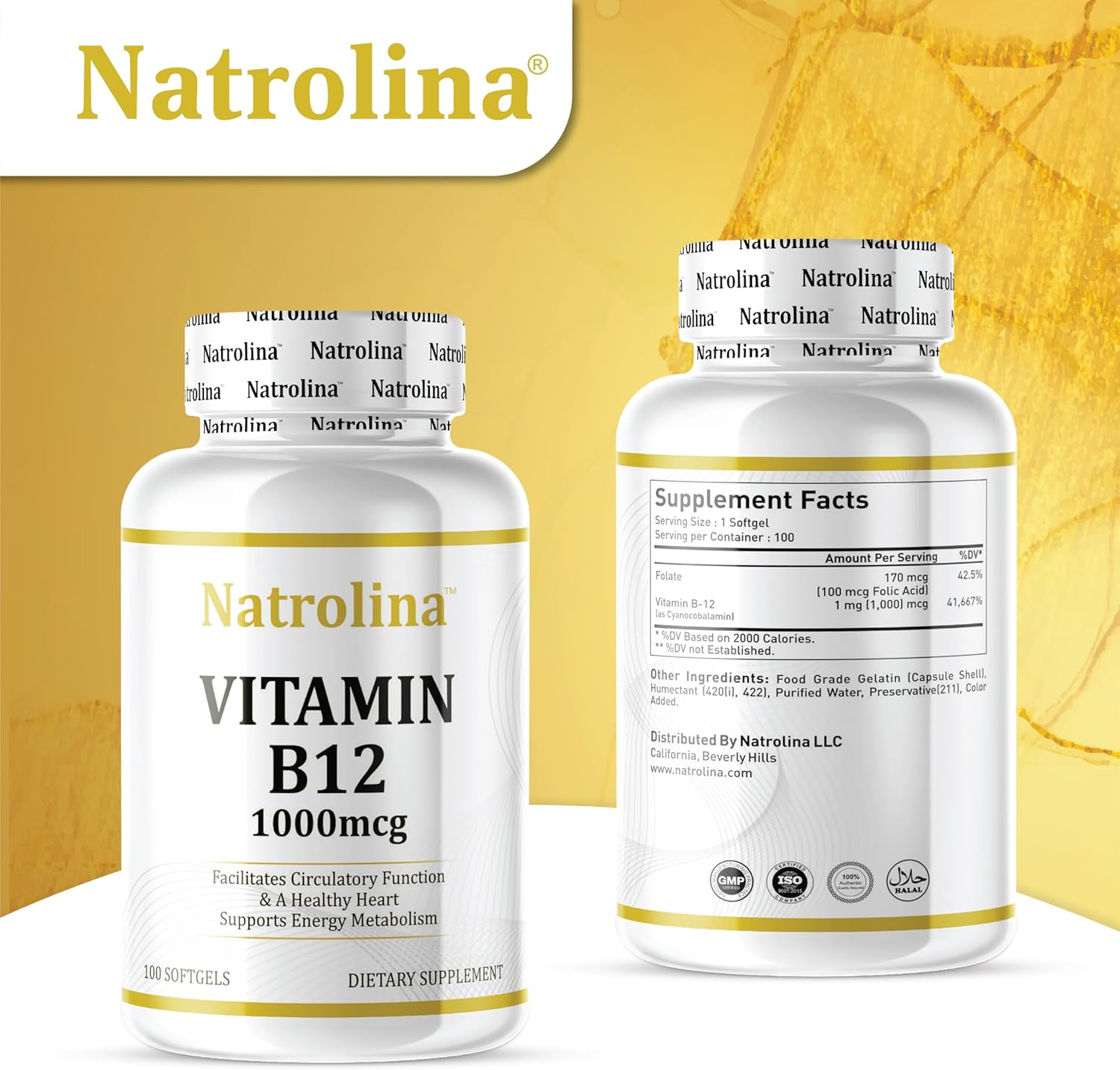 Natrolina، مکمل ویتامین B12، 1000 میکروگرم، 100 سافت‌ژل