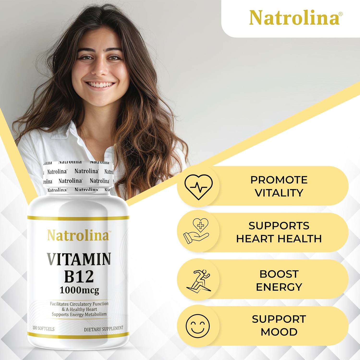 Natrolina، مکمل ویتامین B12، 1000 میکروگرم، 100 سافت‌ژل