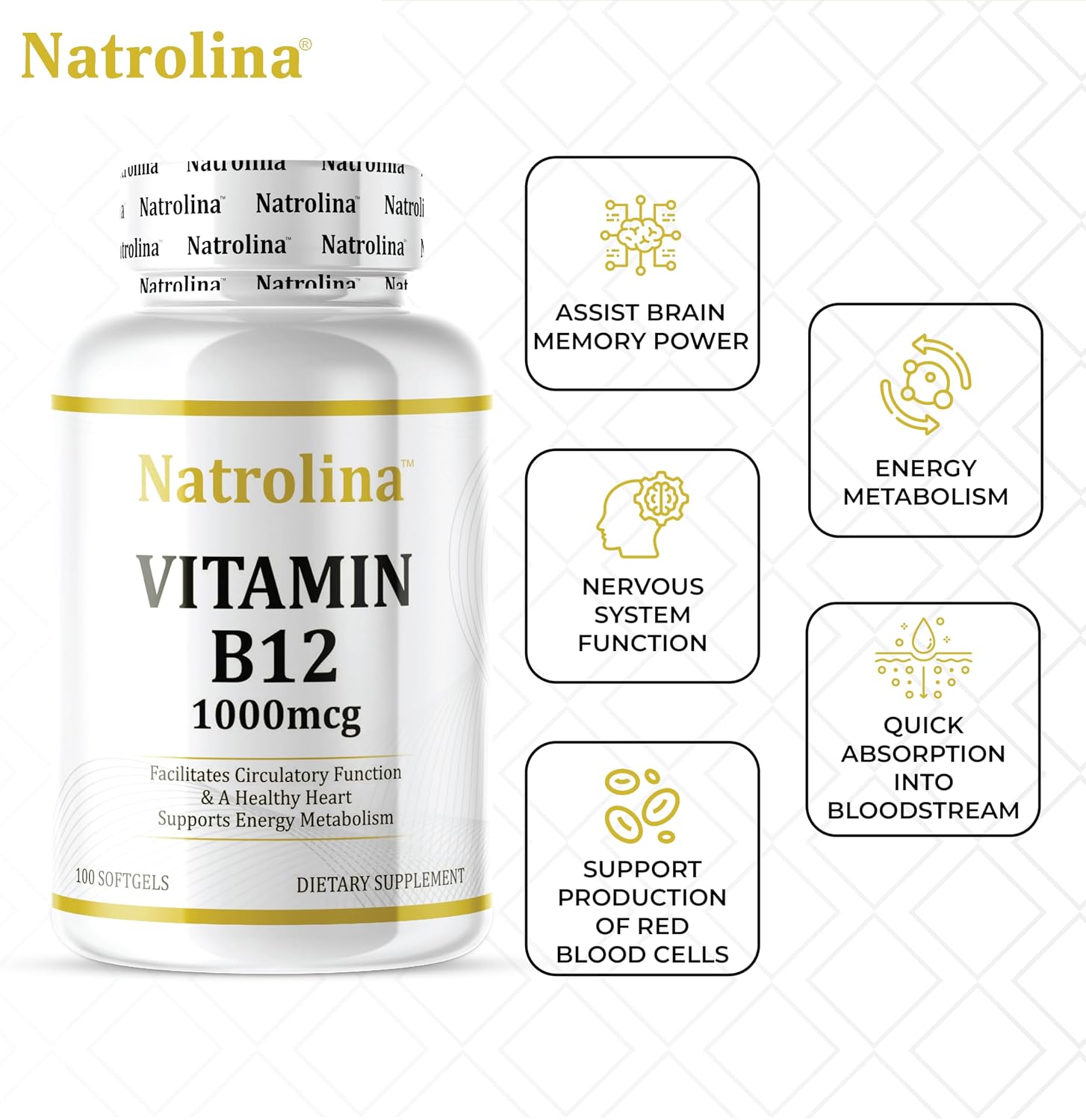 Natrolina، مکمل ویتامین B12، 1000 میکروگرم، 100 سافت‌ژل