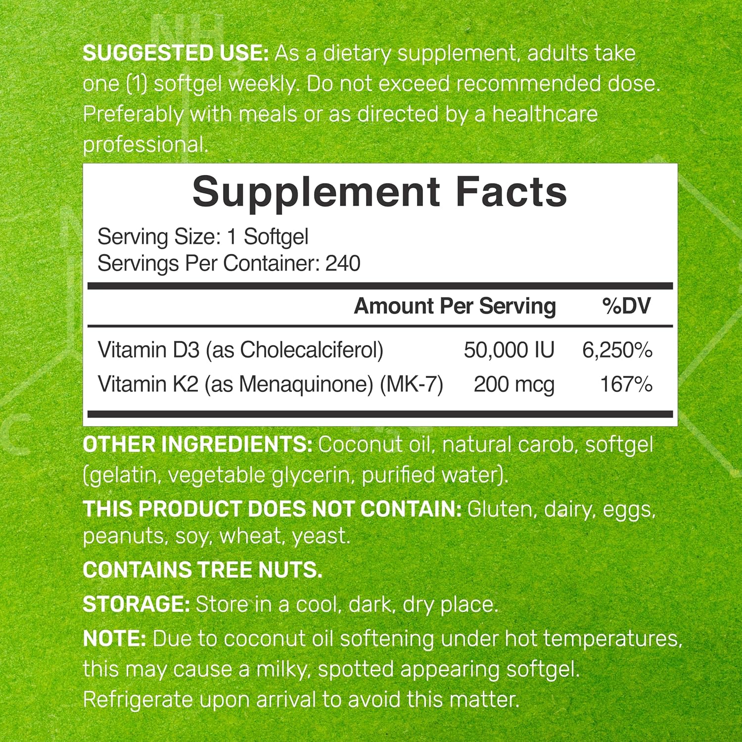 DEAL SUPPLEMENT، مکمل ویتامین D3 و K2، 50,000 IU و 200 میکروگرم، 240 سافت‌ژل