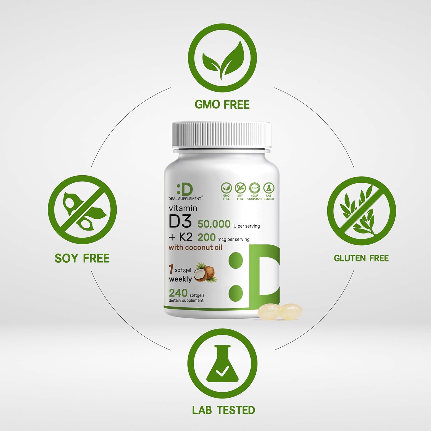 DEAL SUPPLEMENT، مکمل ویتامین D3 و K2، 50,000 IU و 200 میکروگرم، 240 سافت‌ژل