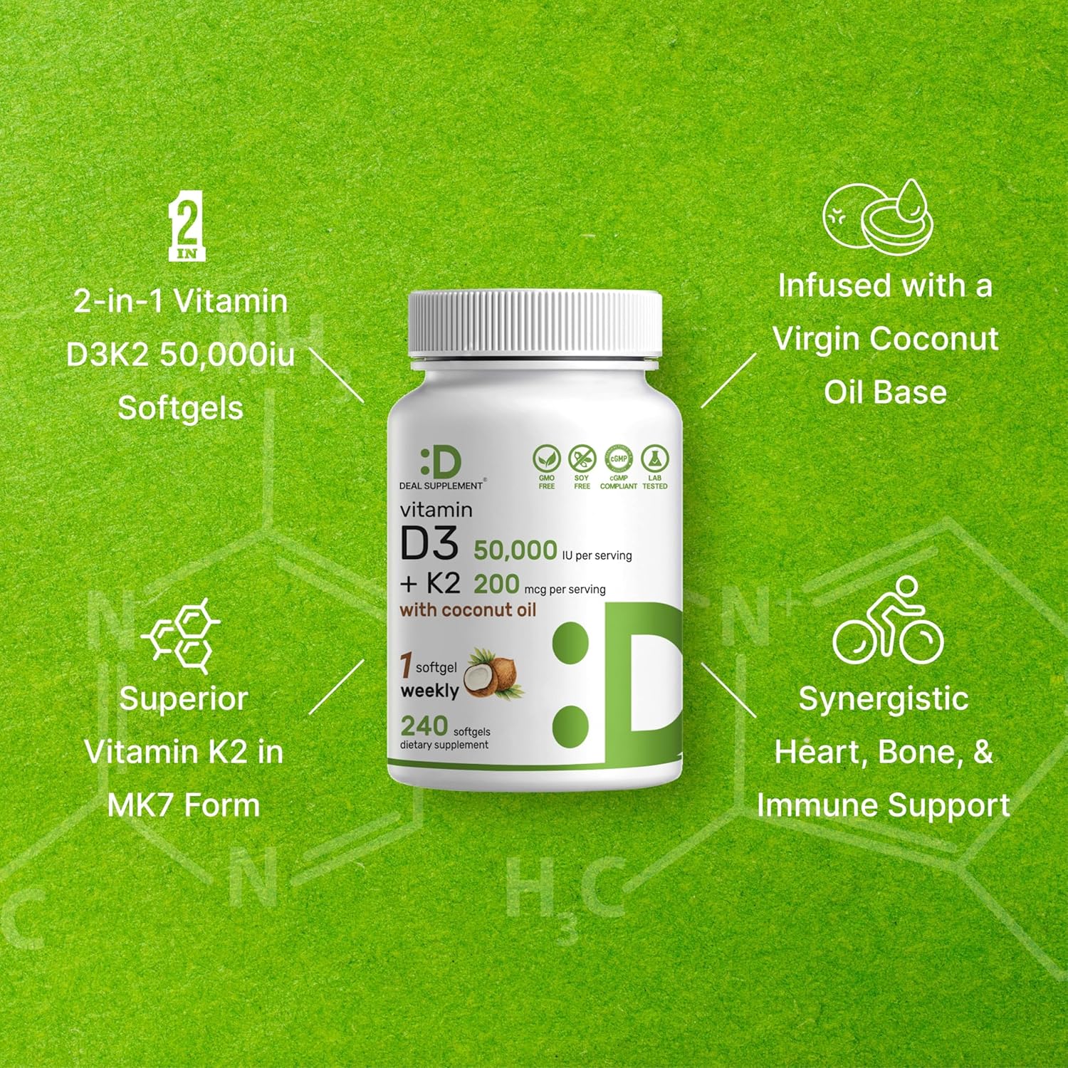DEAL SUPPLEMENT، مکمل ویتامین D3 و K2، 50,000 IU و 200 میکروگرم، 240 سافت‌ژل