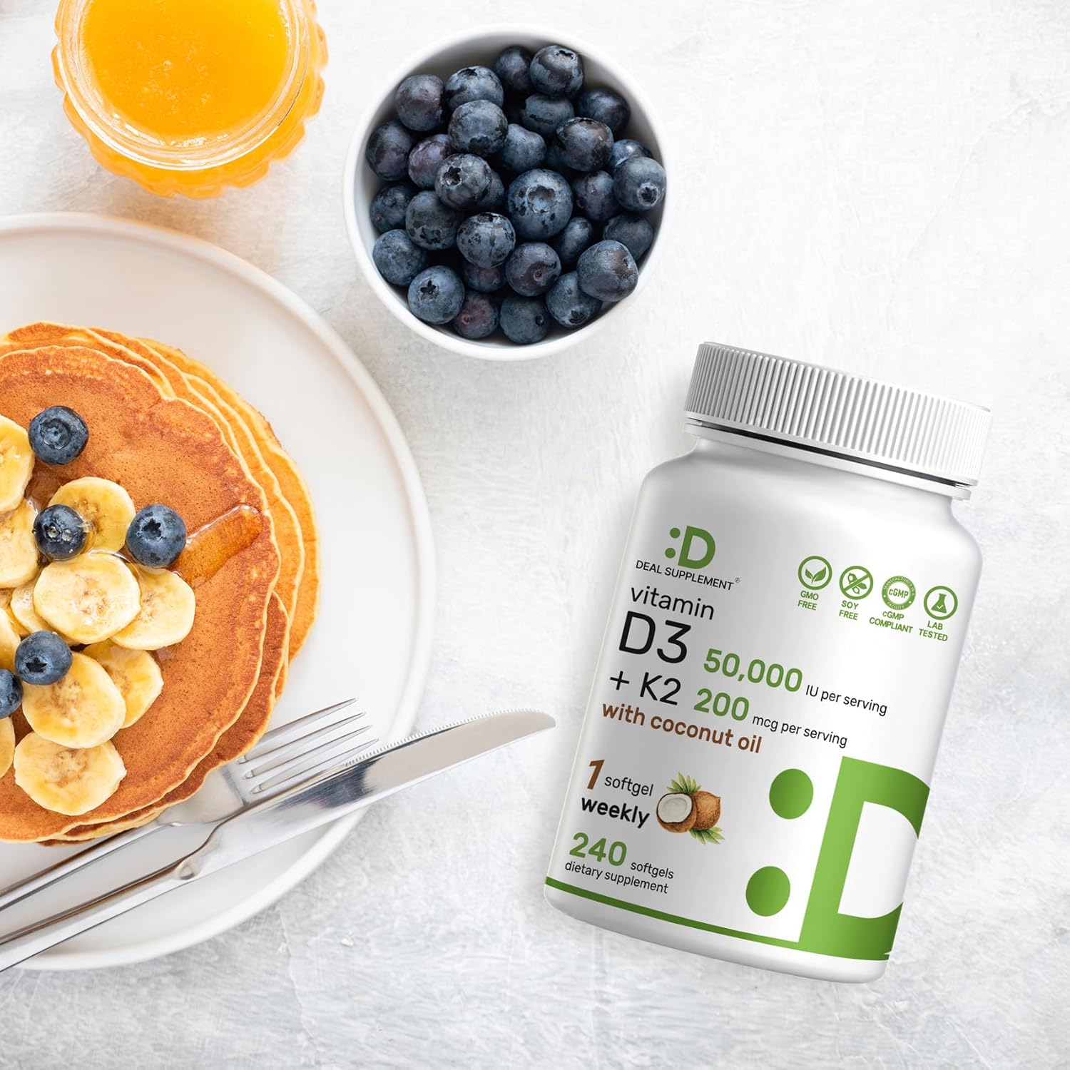 DEAL SUPPLEMENT، مکمل ویتامین D3 و K2، 50,000 IU و 200 میکروگرم، 240 سافت‌ژل