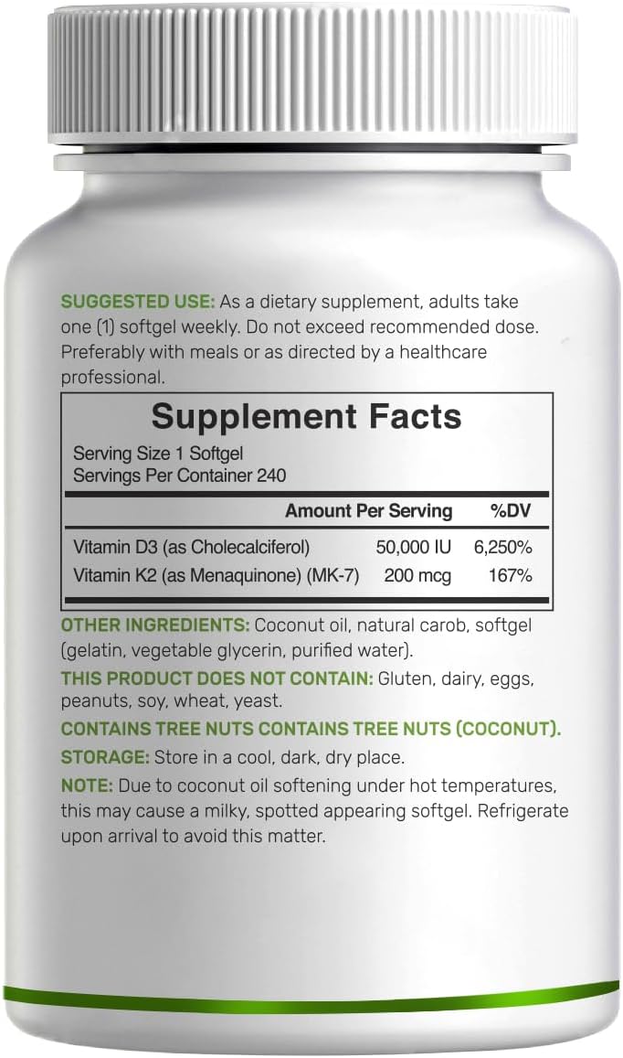DEAL SUPPLEMENT، مکمل ویتامین D3 و K2، 50,000 IU و 200 میکروگرم، 240 سافت‌ژل