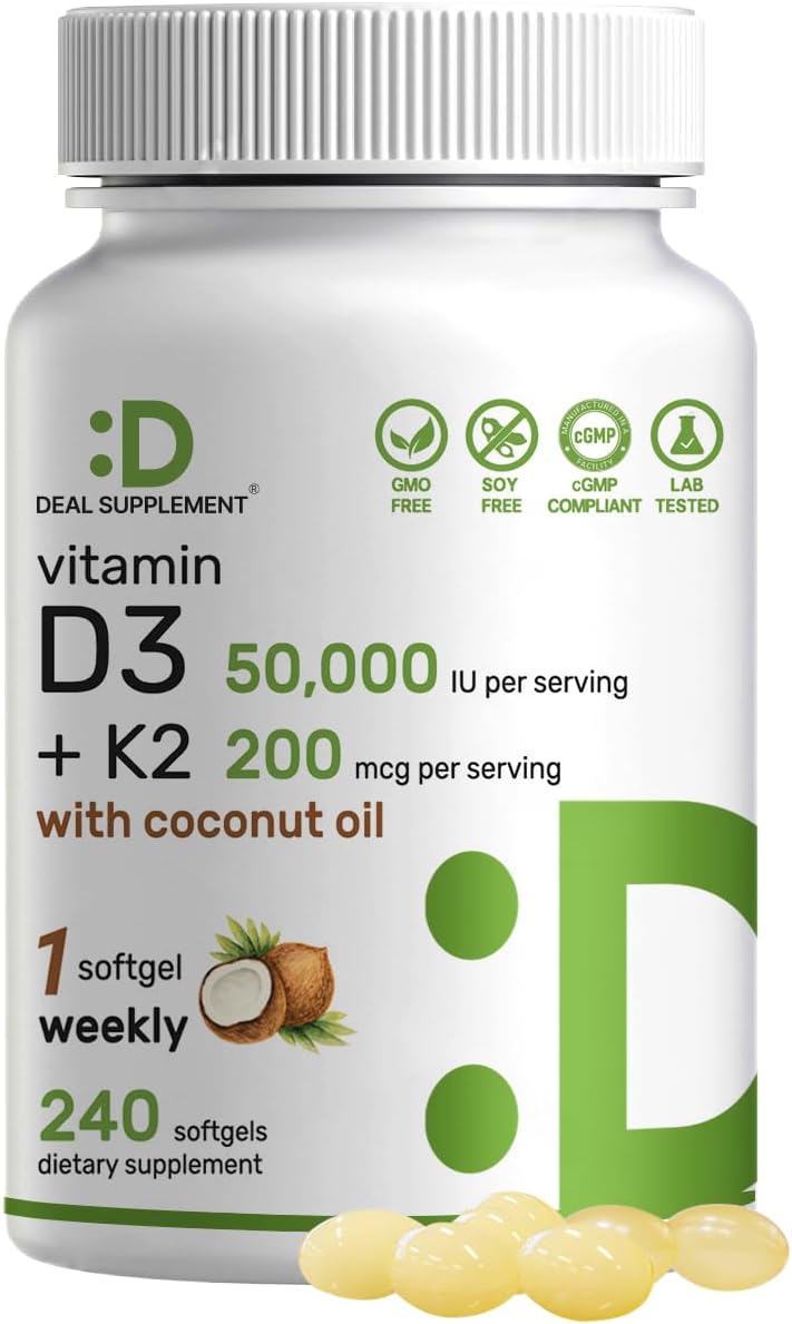 DEAL SUPPLEMENT، مکمل ویتامین D3 و K2، 50,000 IU و 200 میکروگرم، 240 سافت‌ژل