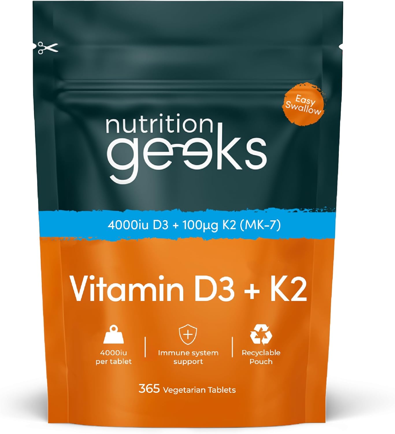 Nutrition Geeks، مکمل ویتامین D3 و K2، مدل D3 K2، 4000 IU، 2 قرص