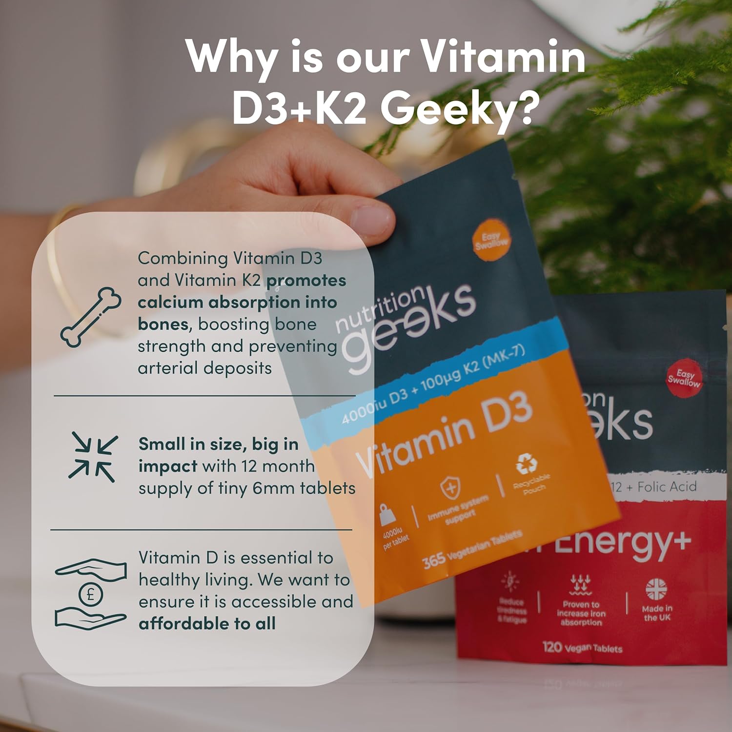 Nutrition Geeks، مکمل ویتامین D3 و K2، مدل D3 K2، 4000 IU، 2 قرص