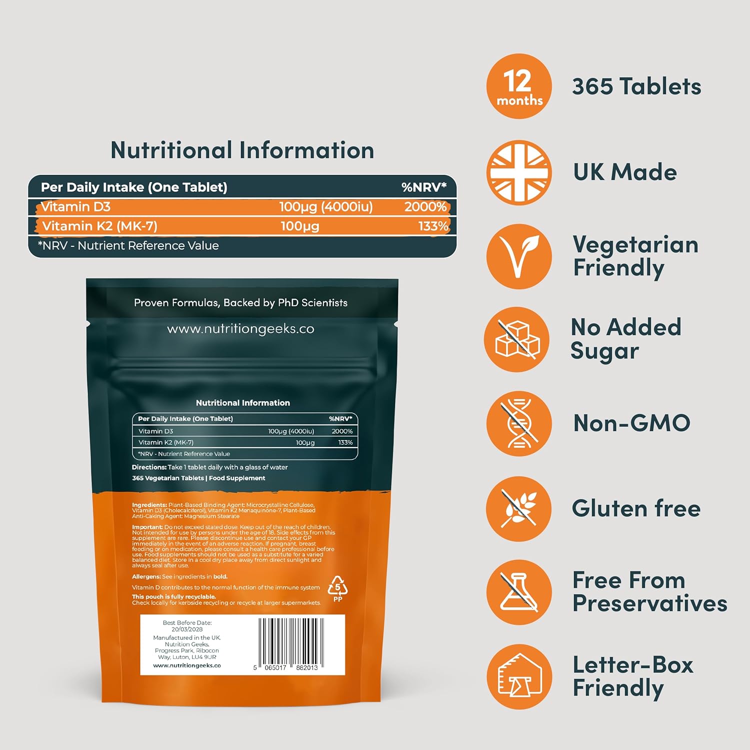 Nutrition Geeks، مکمل ویتامین D3 و K2، مدل D3 K2، 4000 IU، 2 قرص
