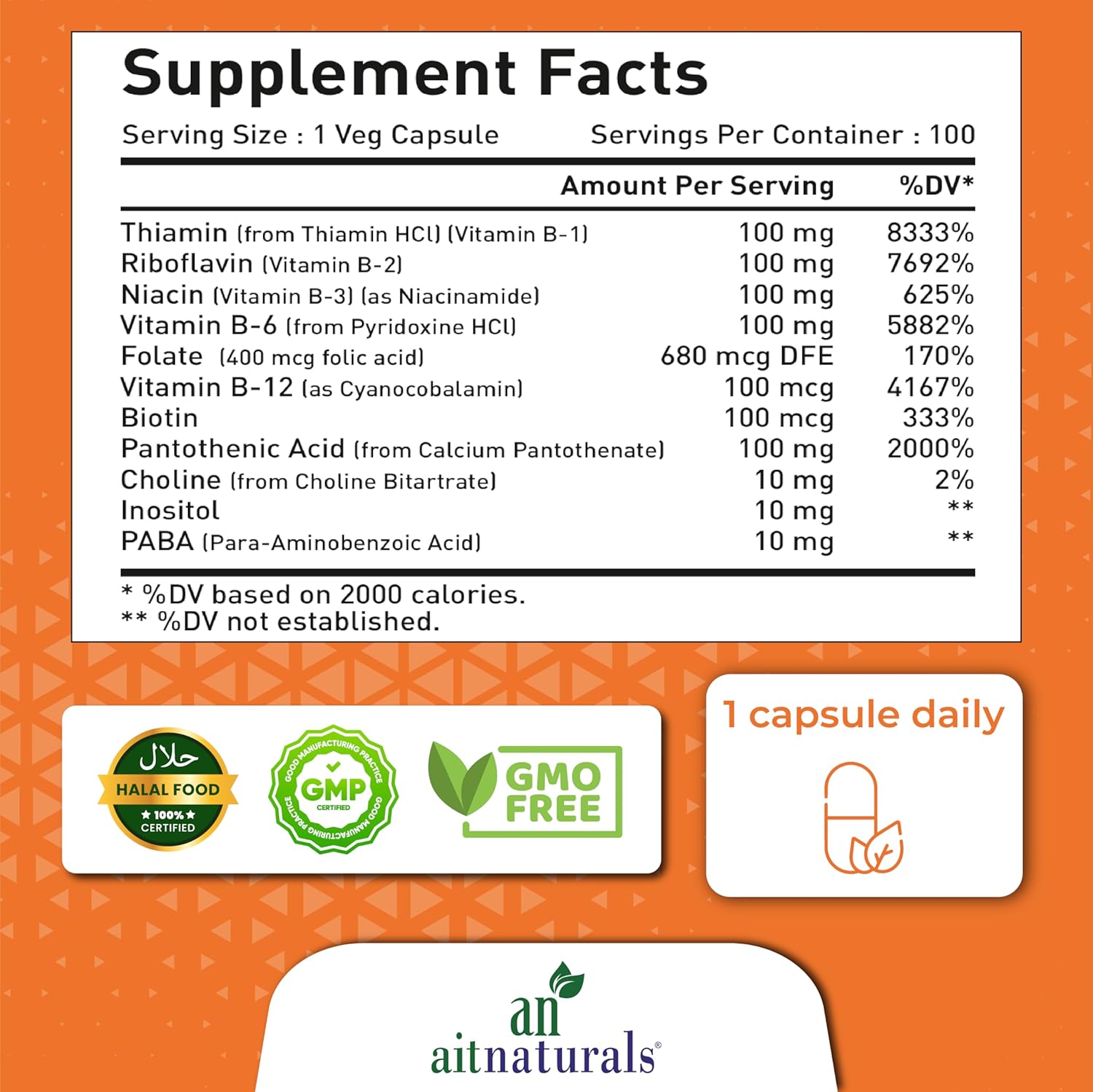 Aitnaturals، مکمل ویتامین B کمپلکس، مدل B-100، 100 کپسول