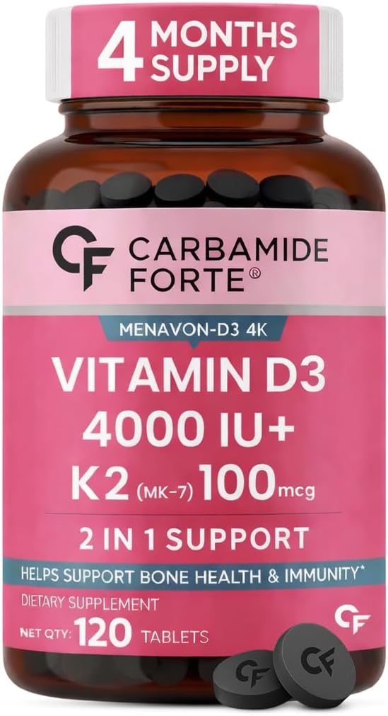 Carbamide Forte، مکمل ویتامین D3 و K2، مدل D3 K2، 4000 IU و 100 میکروگرم، 120 قرص
