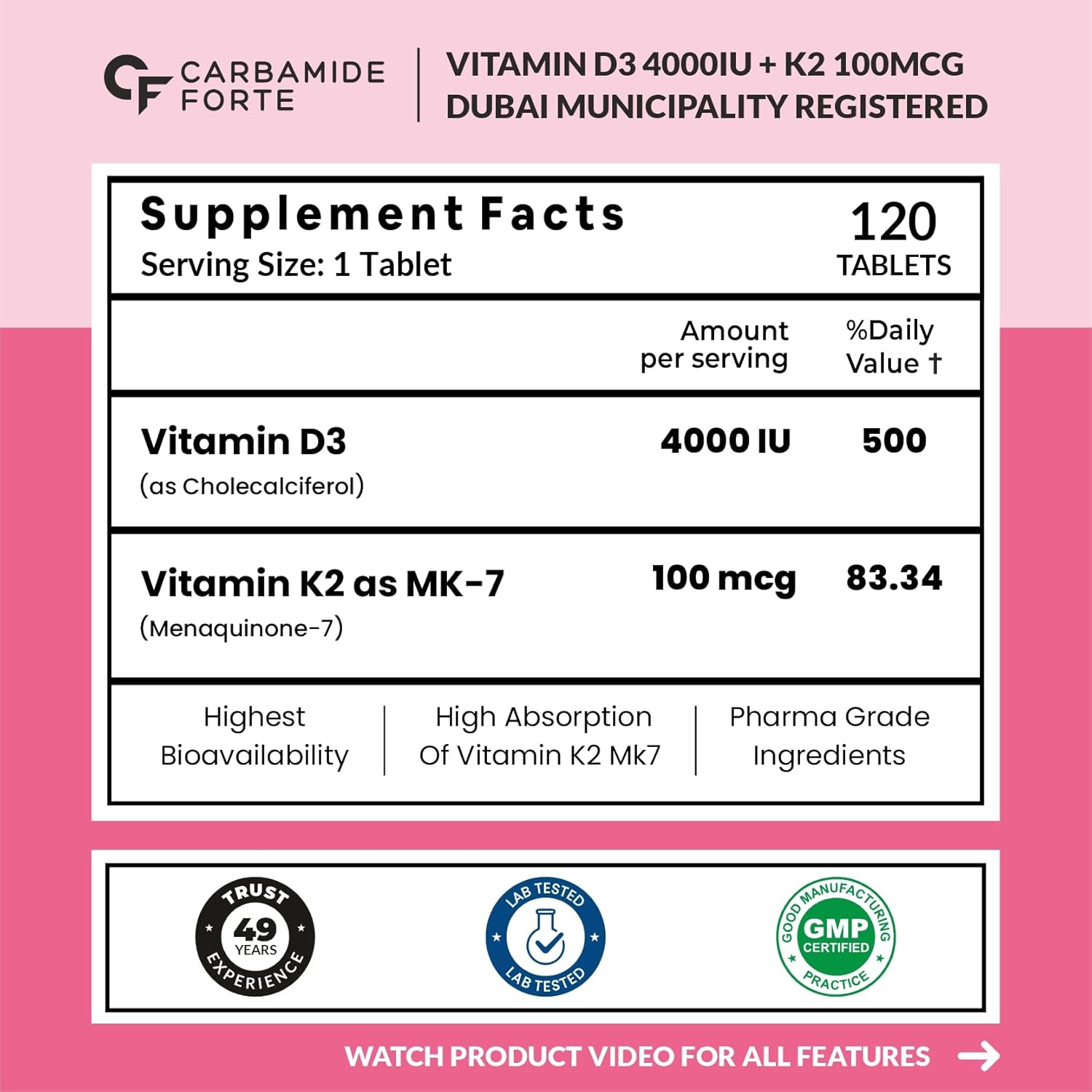 Carbamide Forte، مکمل ویتامین D3 و K2، مدل D3 K2، 4000 IU و 100 میکروگرم، 120 قرص