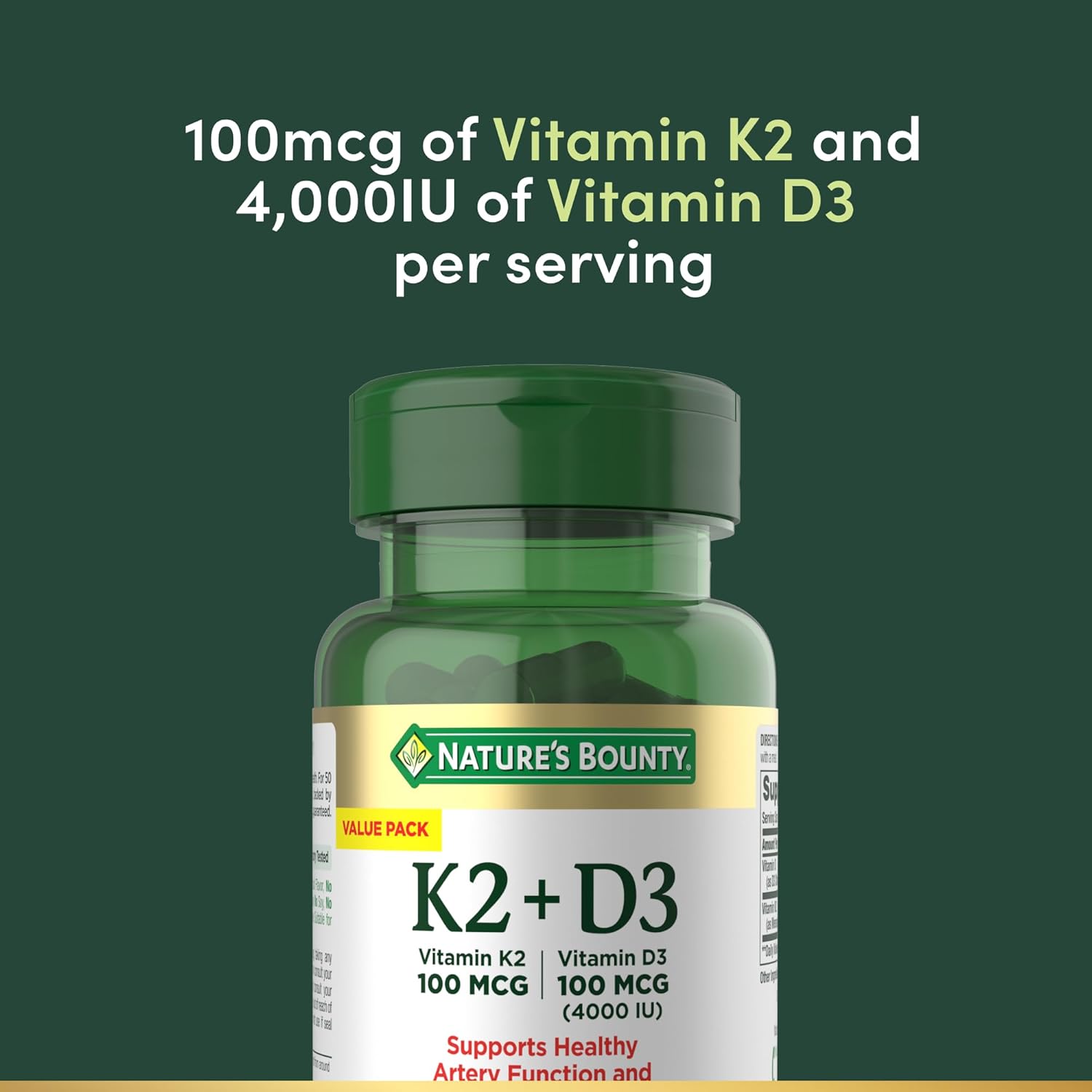 Nature's Bounty، مکمل ویتامین D3 و K2، مدل D3 K2، 4000 IU و 100 میکروگرم، کپسول