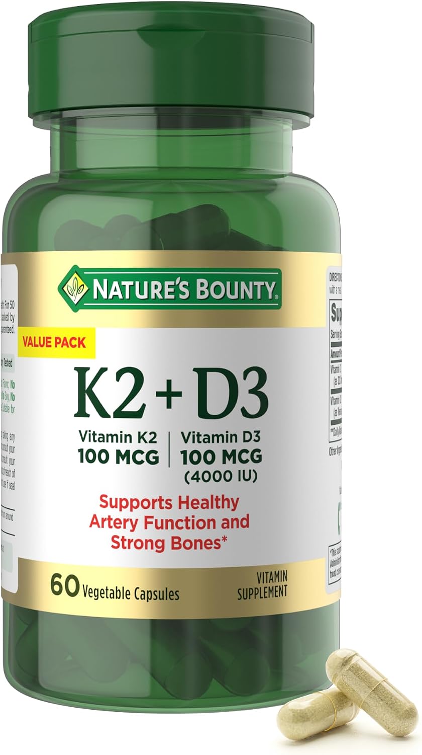 Nature's Bounty، مکمل ویتامین D3 و K2، مدل D3 K2، 4000 IU و 100 میکروگرم، کپسول