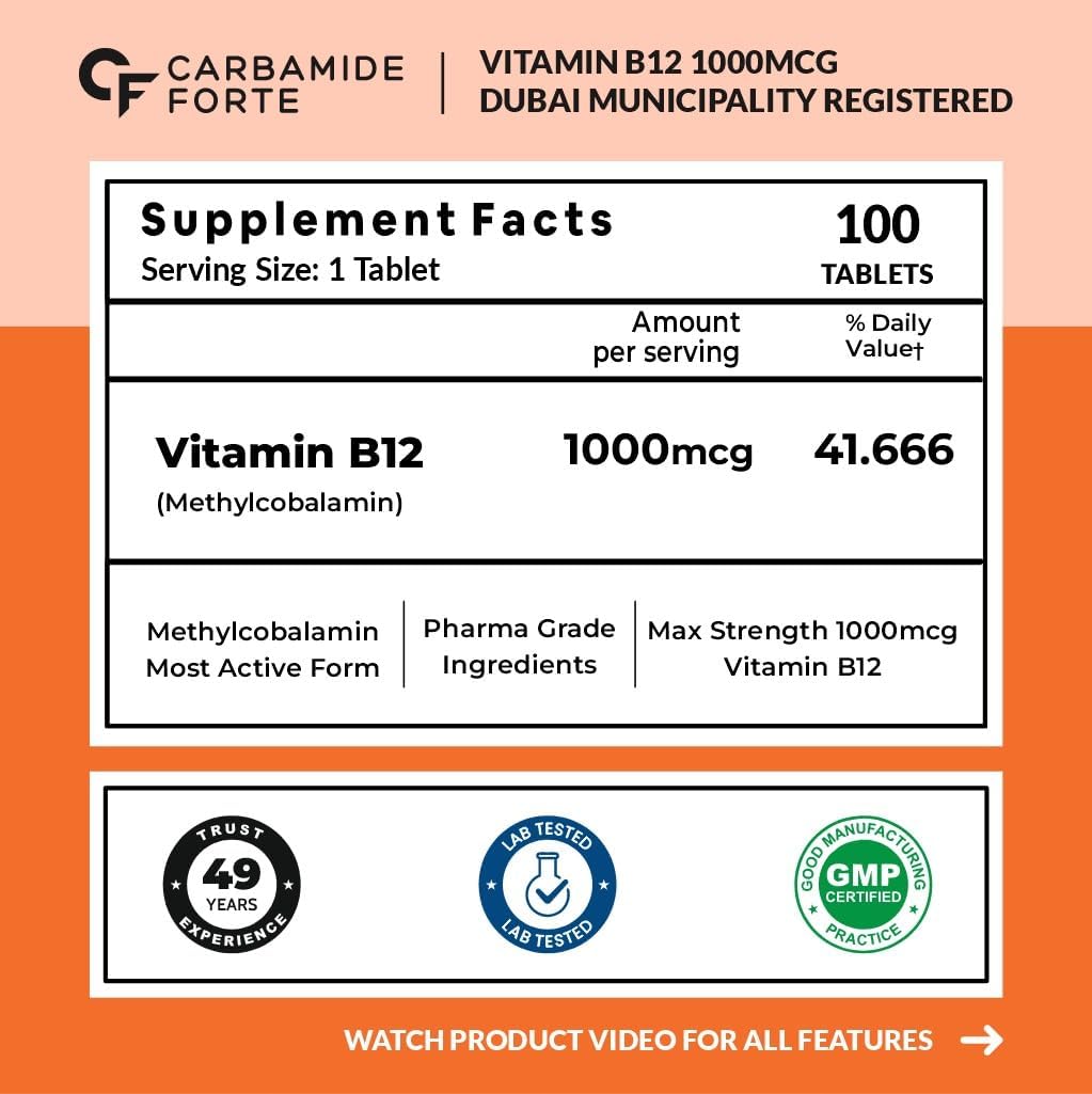 Carbamide Forte، مکمل ویتامین B12، 1000 میکروگرم، 12 قرص