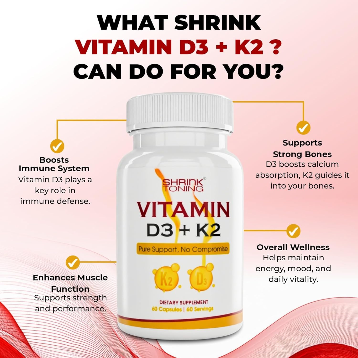 Shrink، مکمل ویتامین D3 و K2، 125 میکروگرم و 100 میکروگرم، 60 کپسول