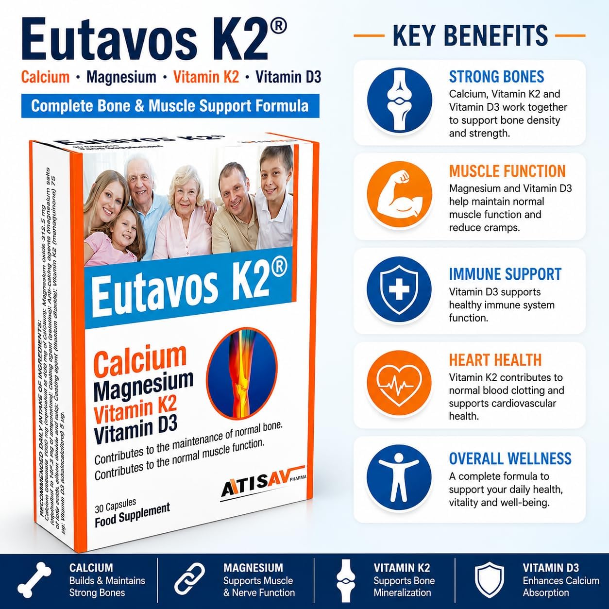 Atisav Pharma، مکمل کلسیم و ویتامین D، مدل D3 & K2، کپسول