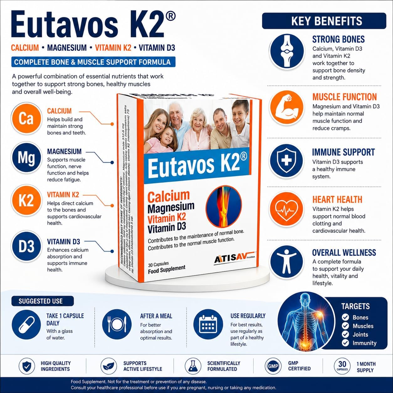 Atisav Pharma، مکمل کلسیم و ویتامین D، مدل D3 & K2، کپسول