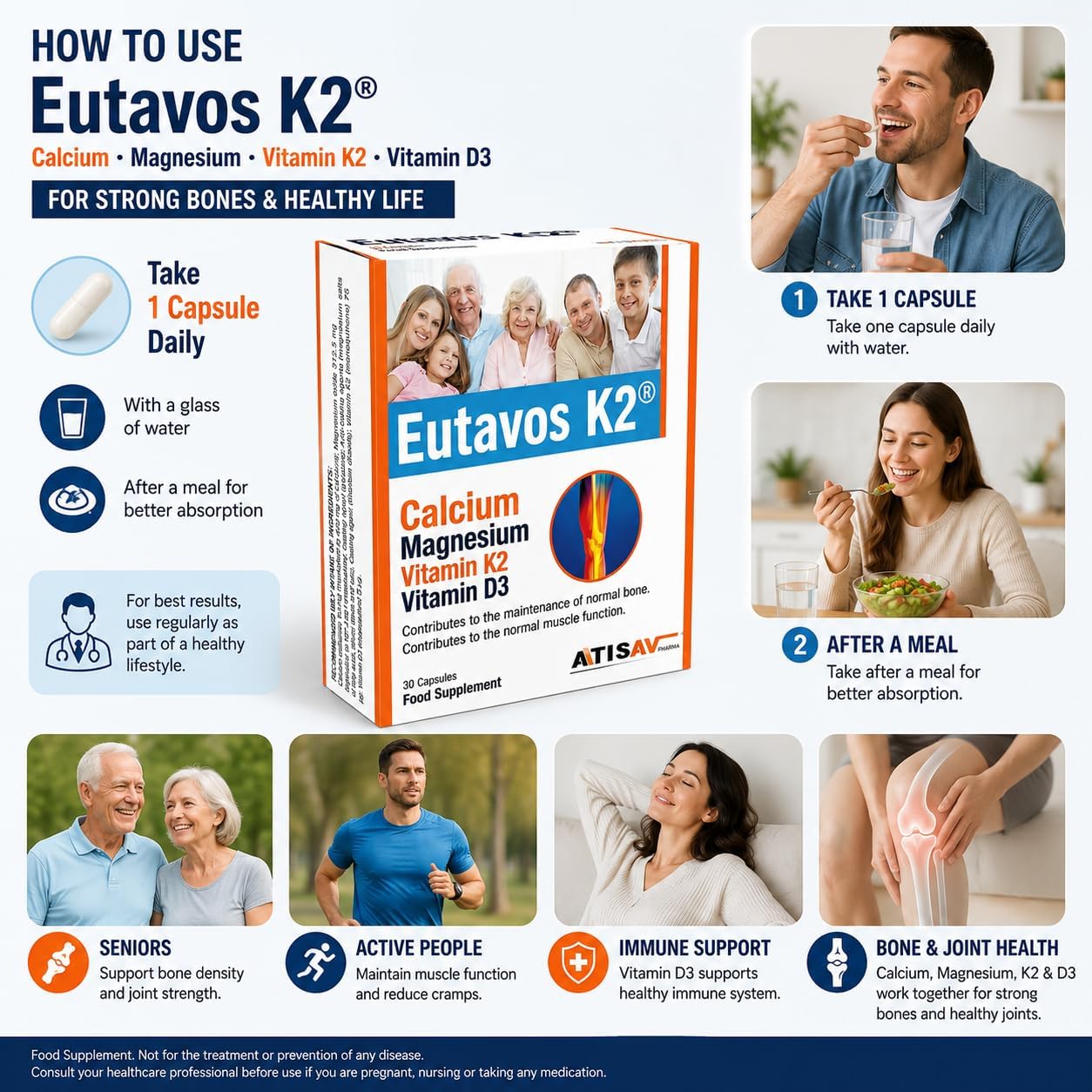 Atisav Pharma، مکمل کلسیم و ویتامین D، مدل D3 & K2، کپسول