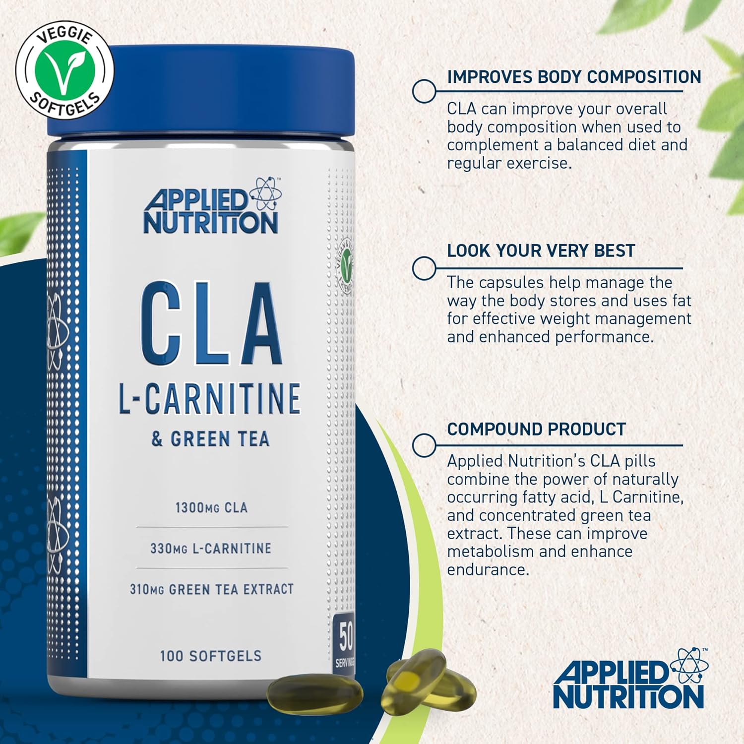 مکمل مدیریت وزن Applied Nutrition Applied Nutrion Cla L-Carnitine با ال-کارنیتین، عصاره چای سبز و CLA | 100 سافت‌ژل