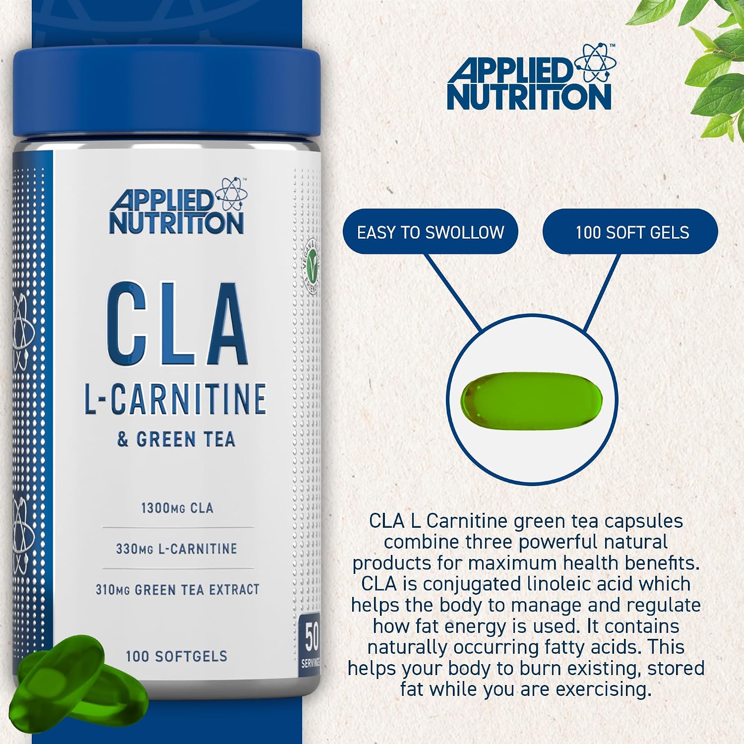 مکمل مدیریت وزن Applied Nutrition Applied Nutrion Cla L-Carnitine با ال-کارنیتین، عصاره چای سبز و CLA | 100 سافت‌ژل