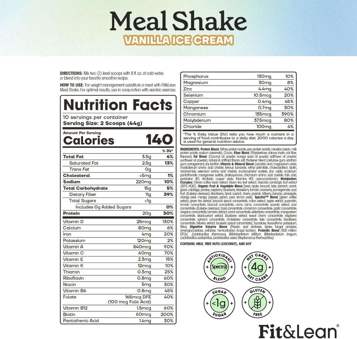 پودر جایگزین وعده غذایی Fit & Lean با پروبیوتیک، پروتئین و فیبر | طعم وانیل، 1 پوند، 10 سروینگ