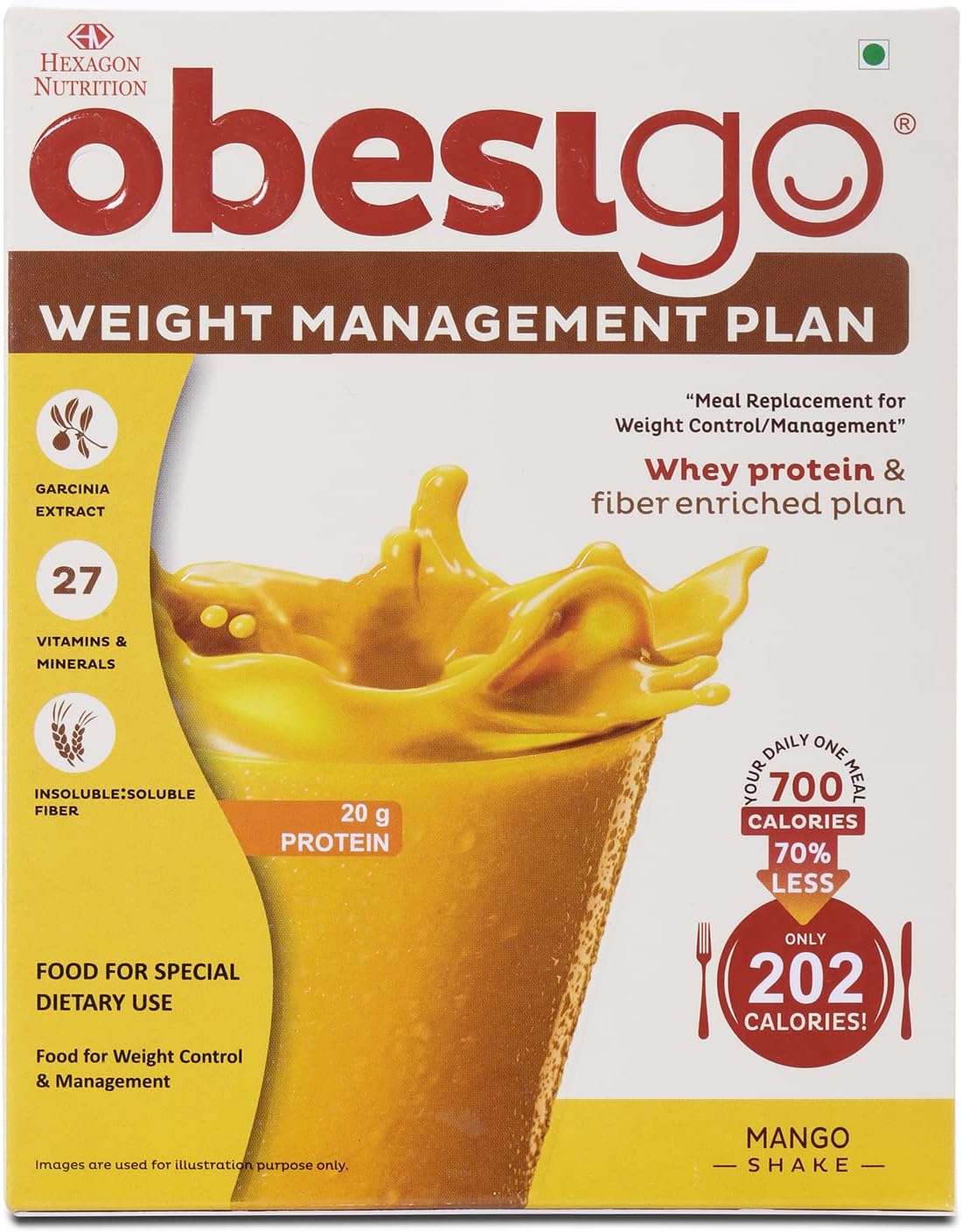پودر جایگزین وعده غذایی Obesigo BLCD Meal Replacement با پروتئین وی و فیبر | طعم انبه، 350 گرم، 7 ساشه