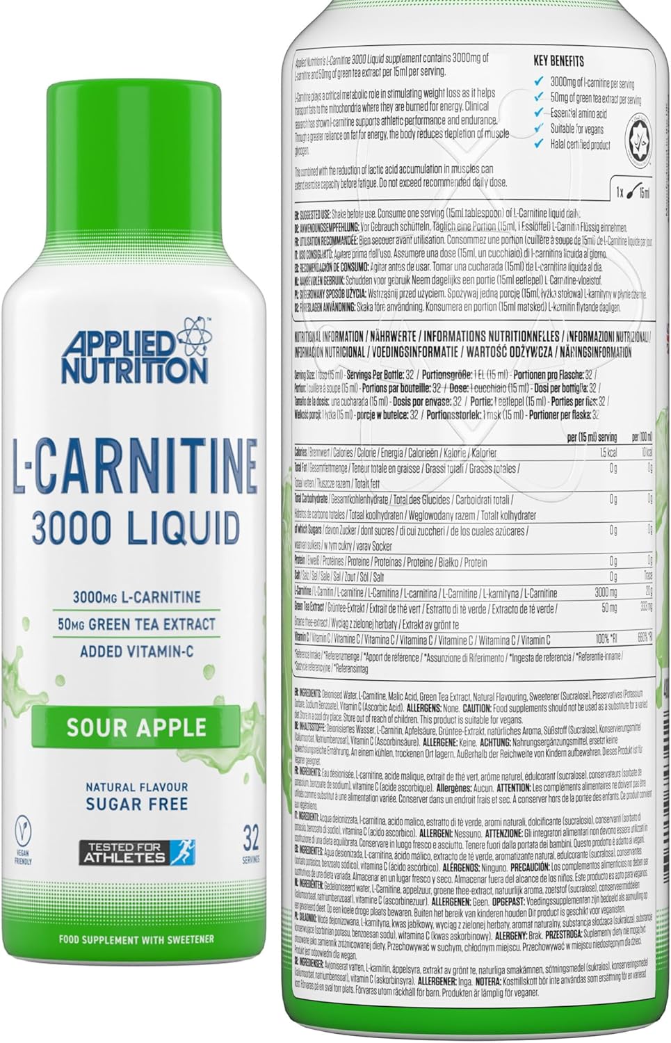 مکمل مایع مدیریت وزن Applied Nutrition applied nutrion با ال-کارنیتین | طعم سیب، 3000 میلی‌گرم، 480 میلی‌لیتر