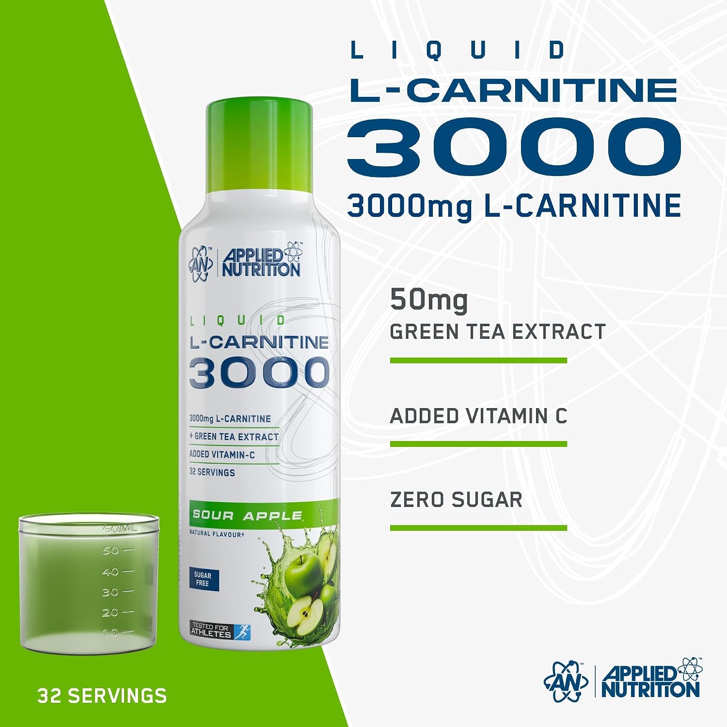 مکمل مایع مدیریت وزن Applied Nutrition applied nutrion با ال-کارنیتین | طعم سیب، 3000 میلی‌گرم، 480 میلی‌لیتر