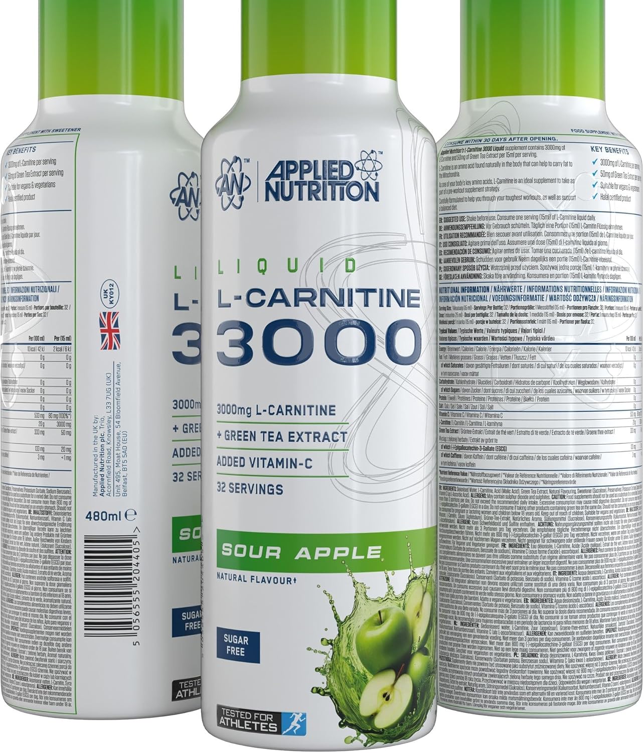 مکمل مایع مدیریت وزن Applied Nutrition applied nutrion با ال-کارنیتین | طعم سیب، 3000 میلی‌گرم، 480 میلی‌لیتر