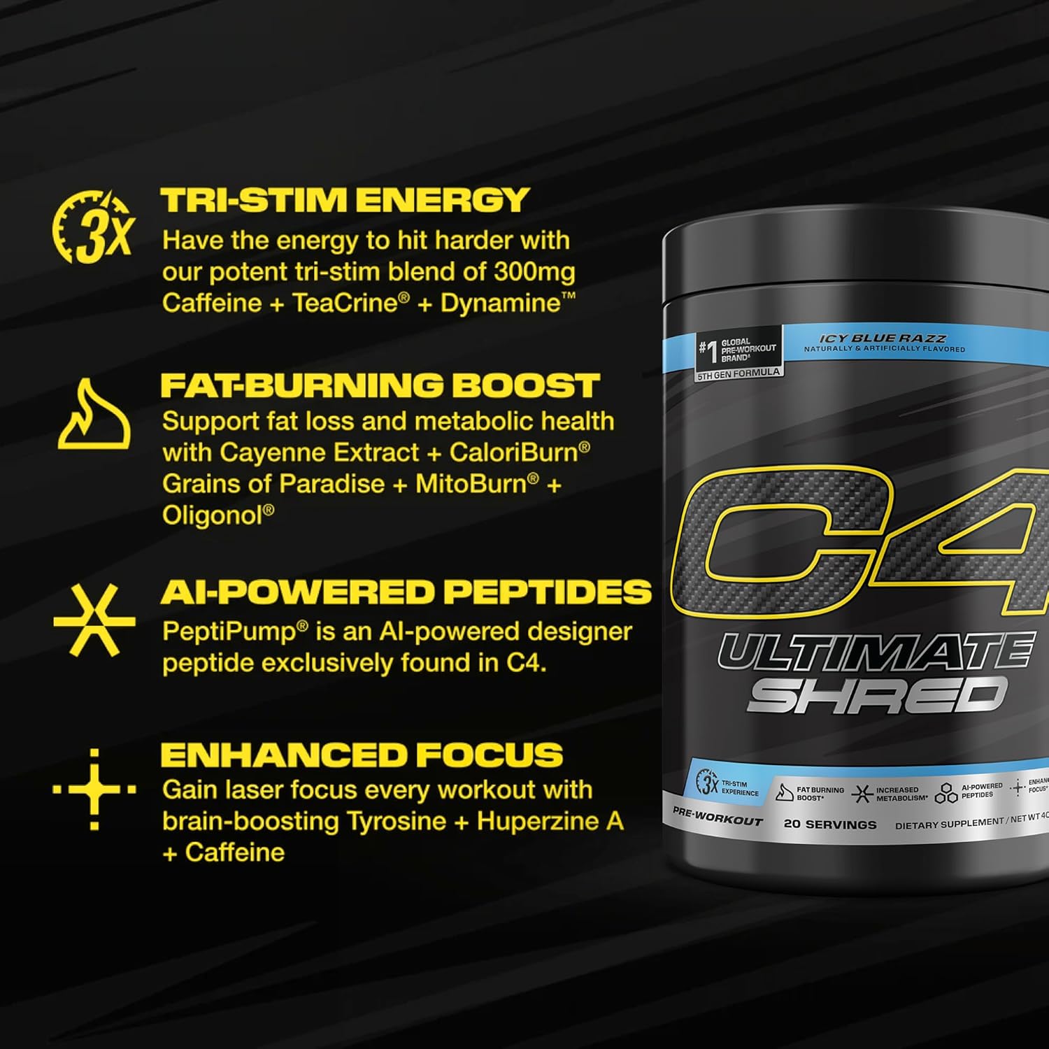پودر پری‌ورک‌اوت ترموژنیک C4 Ultimate Shred با زنجبیل | طعم تمشک آبی یخی، 20 سروینگ
