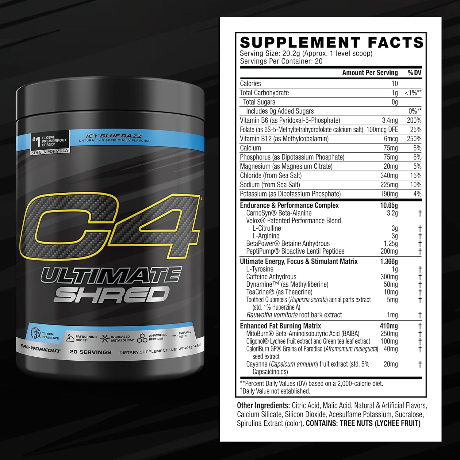 پودر پری‌ورک‌اوت ترموژنیک C4 Ultimate Shred با زنجبیل | طعم تمشک آبی یخی، 20 سروینگ