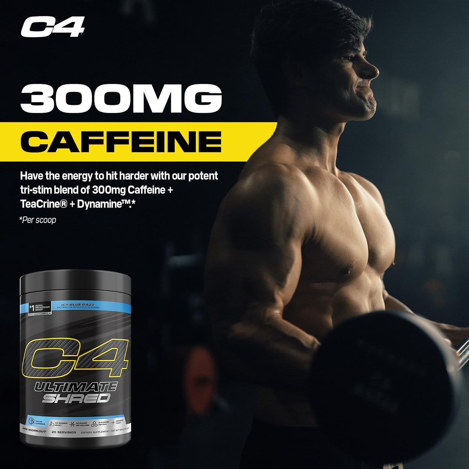 پودر پری‌ورک‌اوت ترموژنیک C4 Ultimate Shred با زنجبیل | طعم تمشک آبی یخی، 20 سروینگ