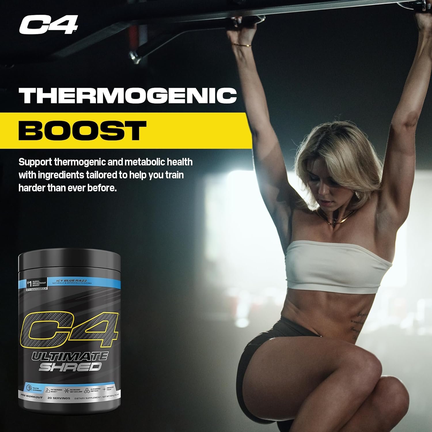پودر پری‌ورک‌اوت ترموژنیک C4 Ultimate Shred با زنجبیل | طعم تمشک آبی یخی، 20 سروینگ