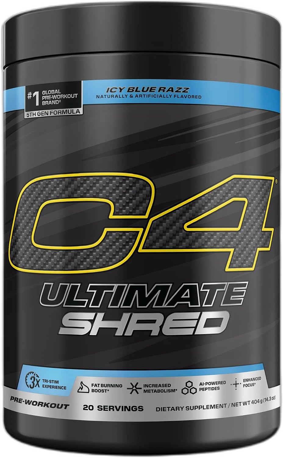 پودر پری‌ورک‌اوت ترموژنیک C4 Ultimate Shred با زنجبیل | طعم تمشک آبی یخی، 20 سروینگ