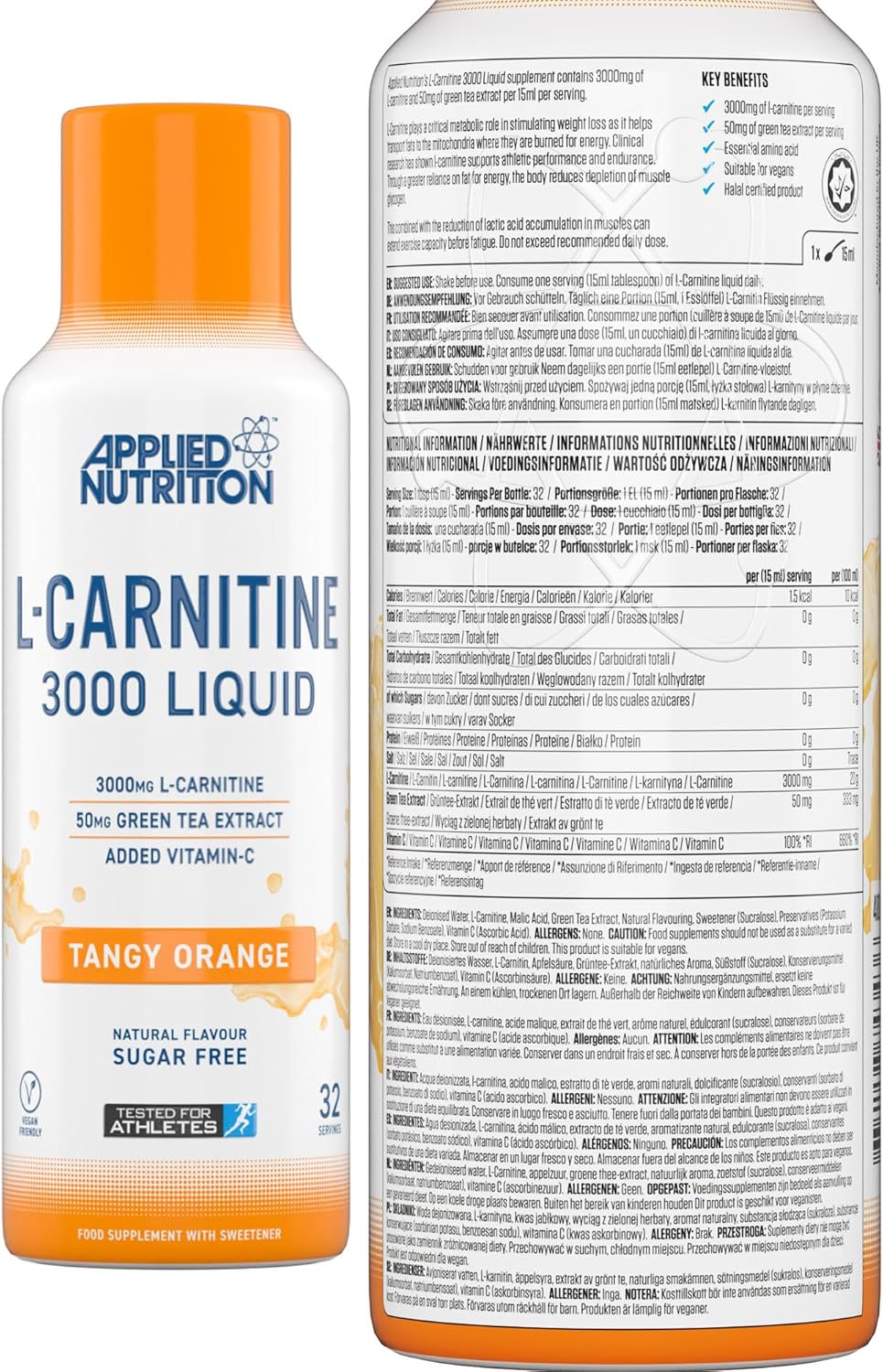 مکمل مایع مدیریت وزن Applied Nutrition L-Carnitine با ال-کارنیتین | طعم پرتقال، 480 میلی‌لیتر