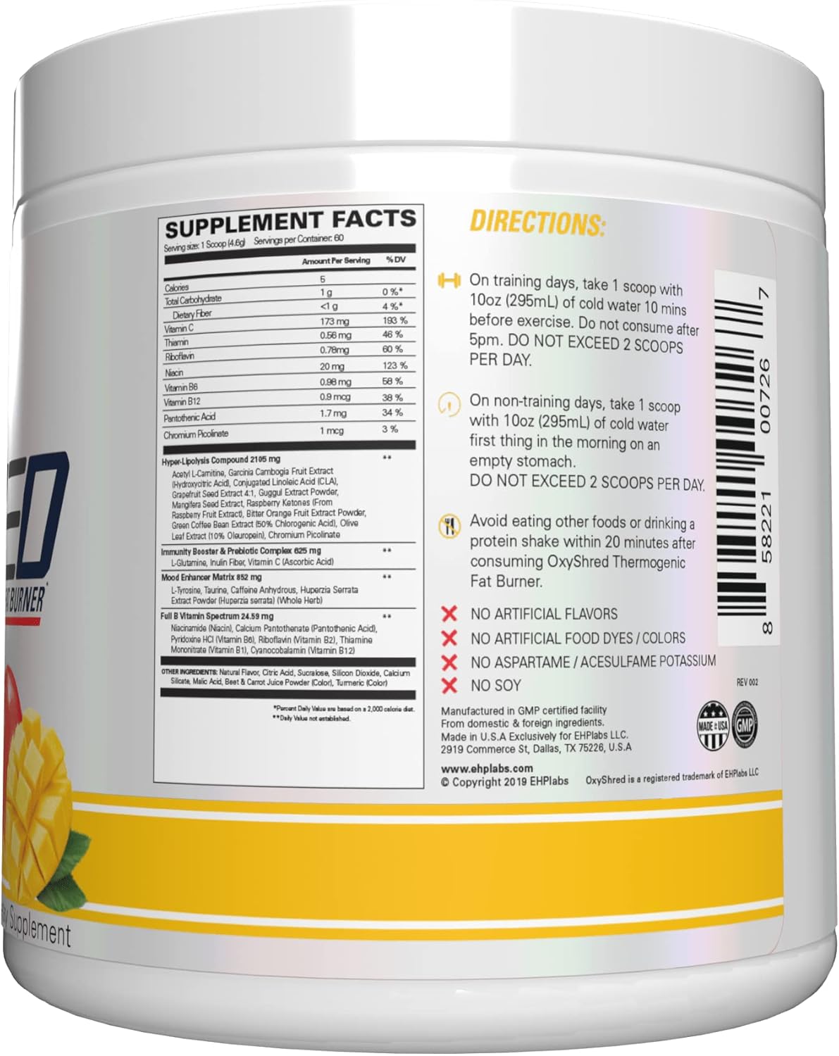 پودر پری‌ورک‌اوت ترموژنیک EHP LABS OxyShred | طعم انبه، 60 سروینگ