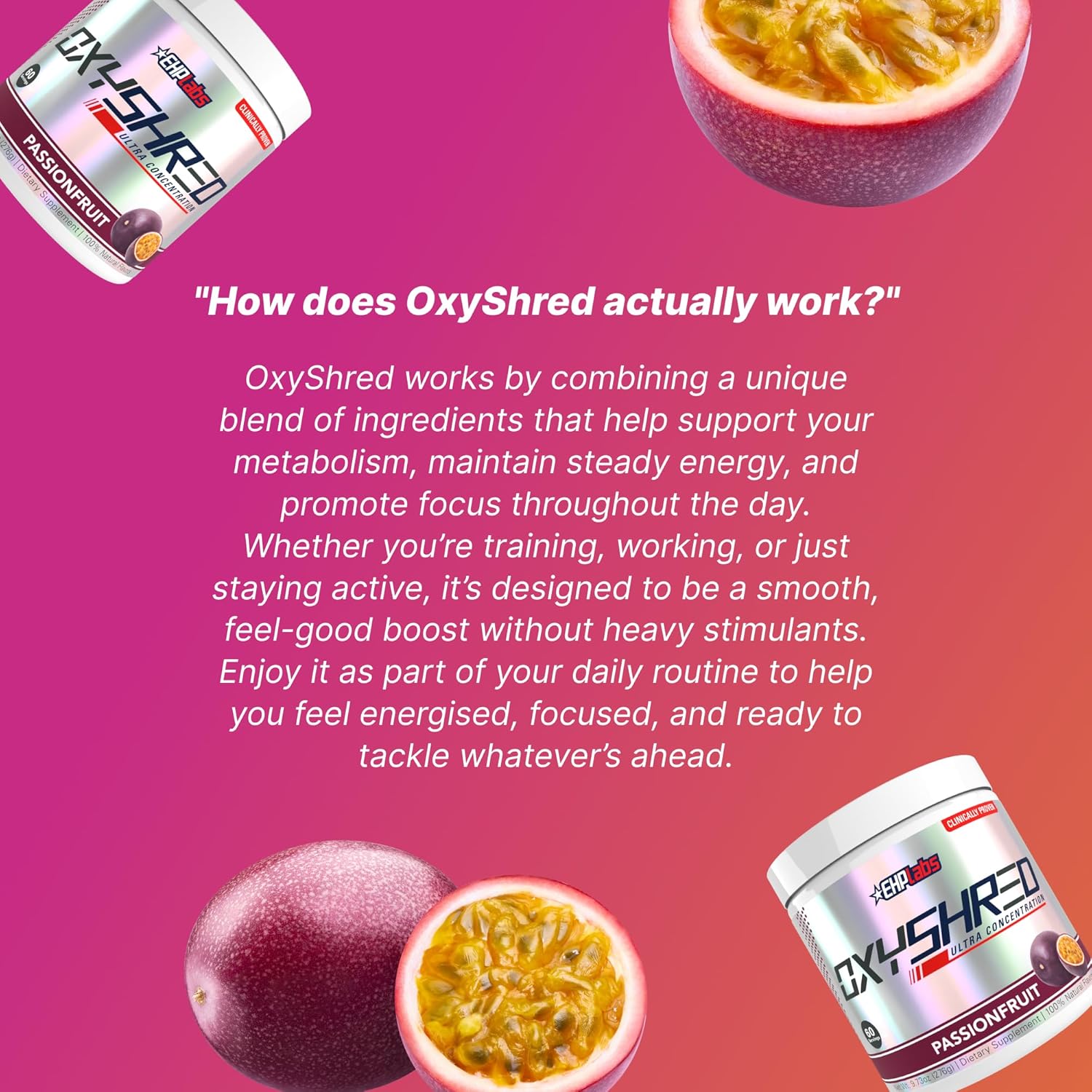 پودر پری‌ورک‌اوت ترموژنیک EHP LABS OxyShred | طعم پشن‌فروت، 60 سروینگ