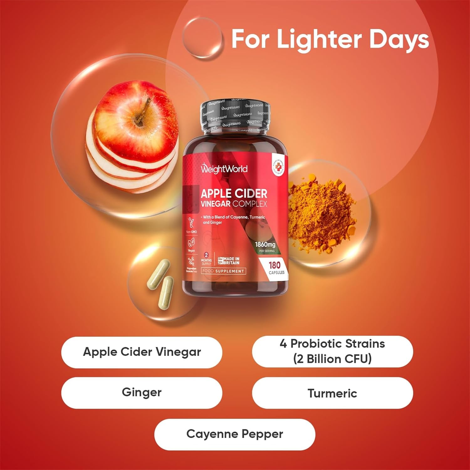 مکمل سرکه سیب WeightWorld Apple Cider Vinegar با سرکه سیب، پروبیوتیک و زردچوبه | طعم سیب، 180 کپسول